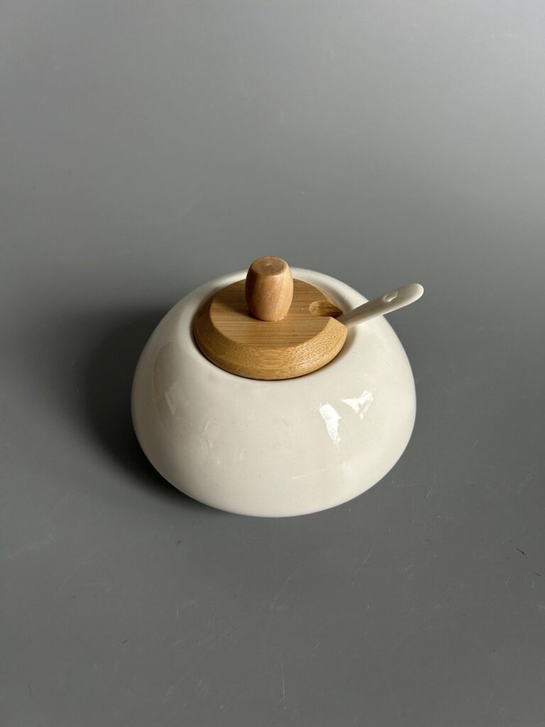 Цукорниця з ложкою і бамбуковою кришкою, 12*12*9 см